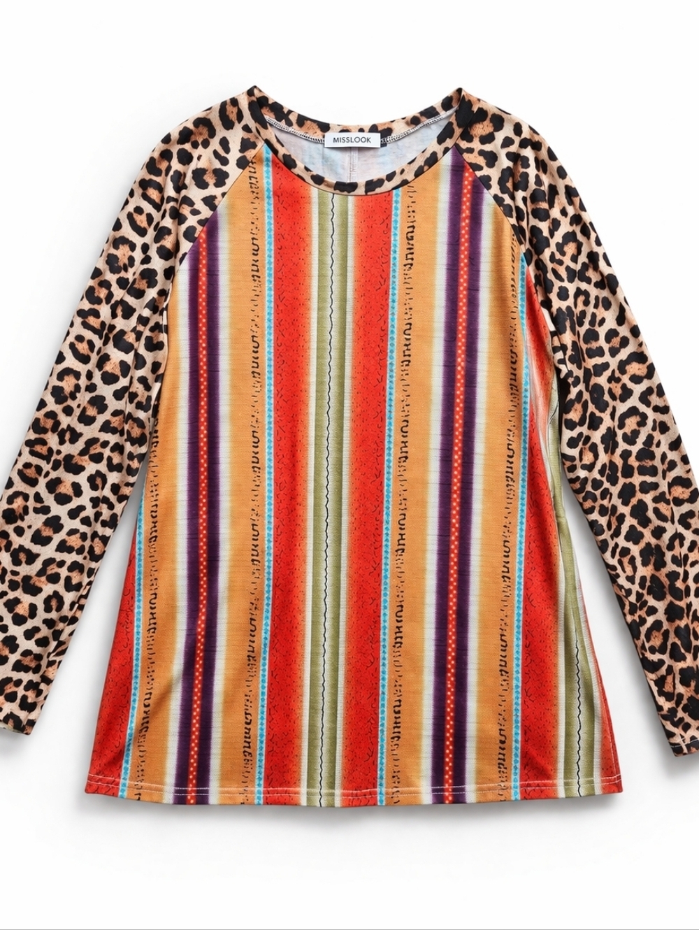 MISSLOOK Womens Long Sleeve Top with Leopard and Stripes